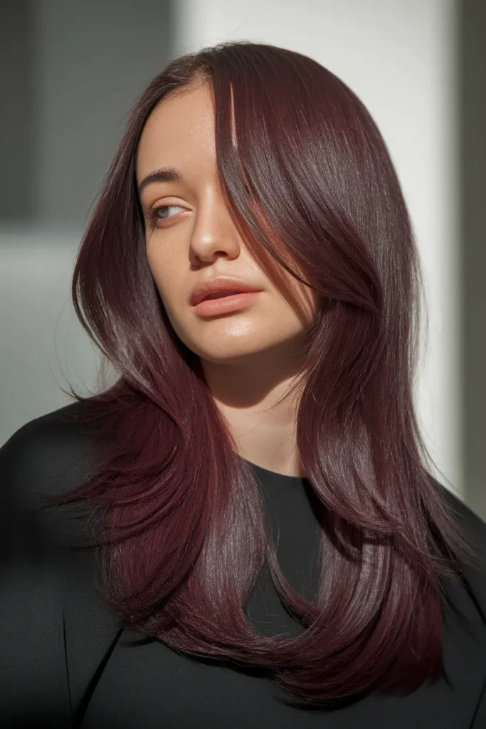 Velvet Burgundy Hair Color With Face Framing Layers