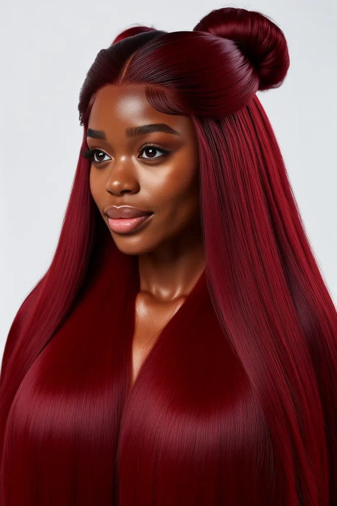Vibrant Red Sleek Half Up Half Down Bun