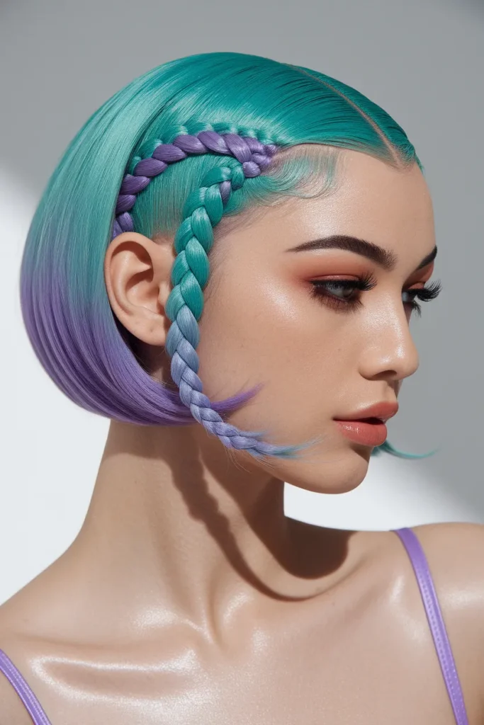 Vibrant Twin Dutch Braids on Colored Bob