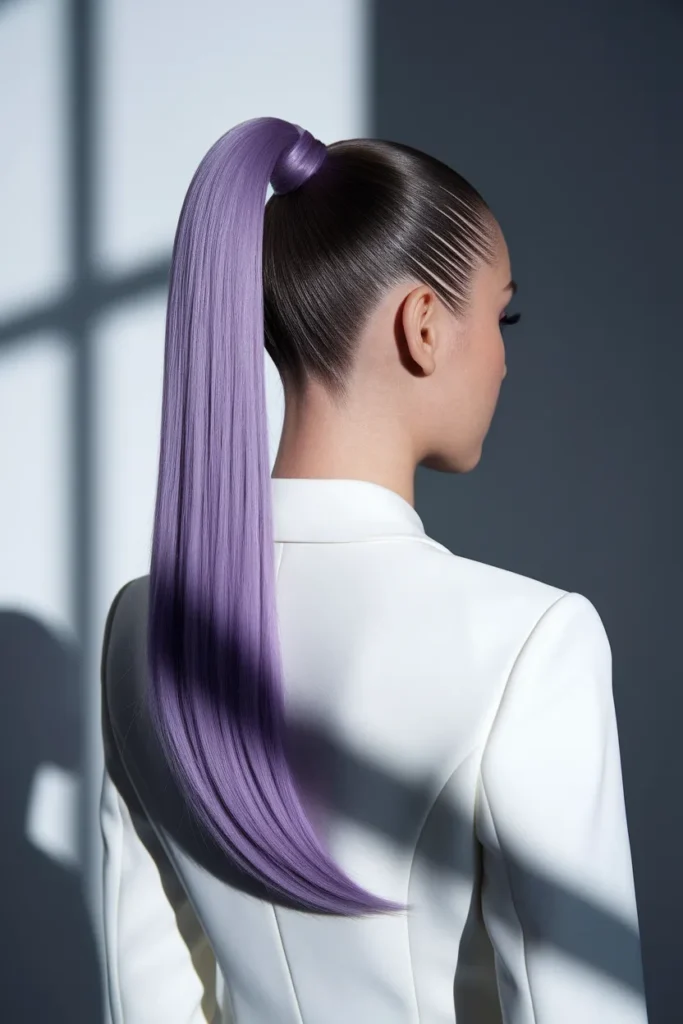 Violet Peekaboo Highlights In A Ponytail