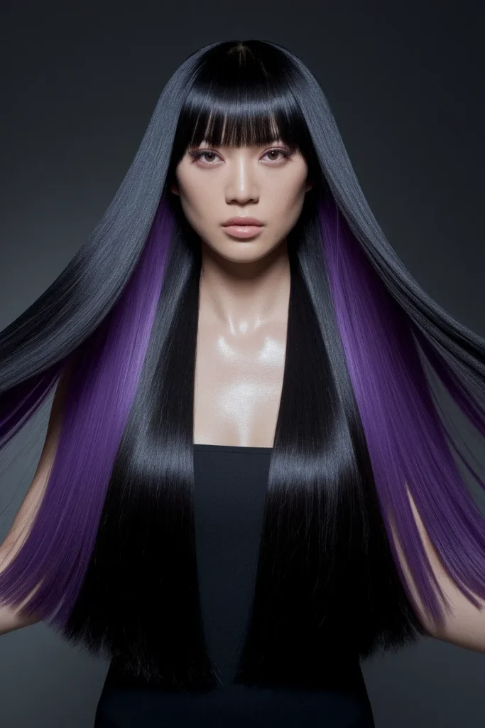 Violet Peekaboo Highlights On Black Hair