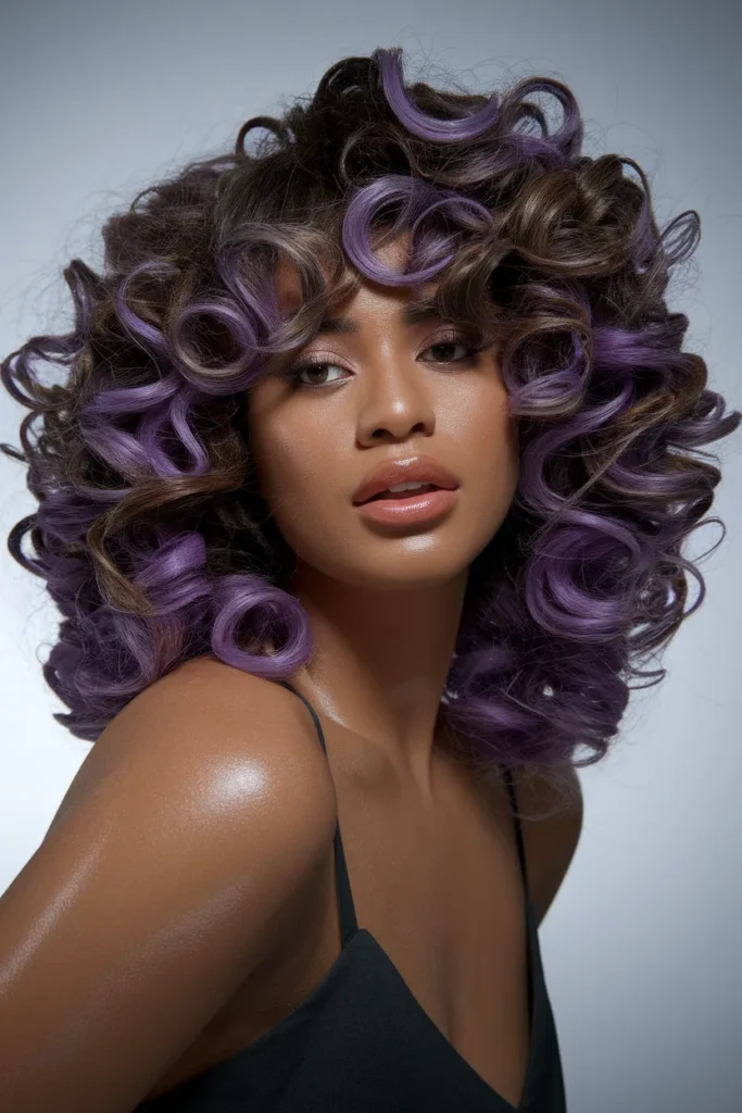 Violet Peekaboo Highlights On Curly Hair