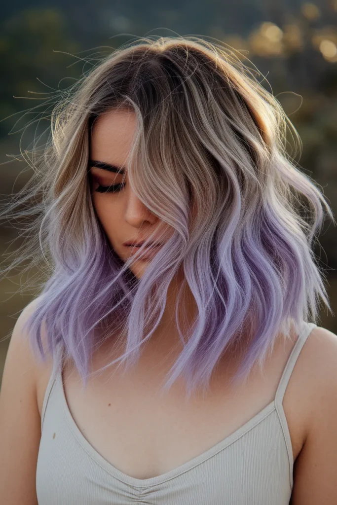 Violet Peekaboo Highlights On Wavy Hair
