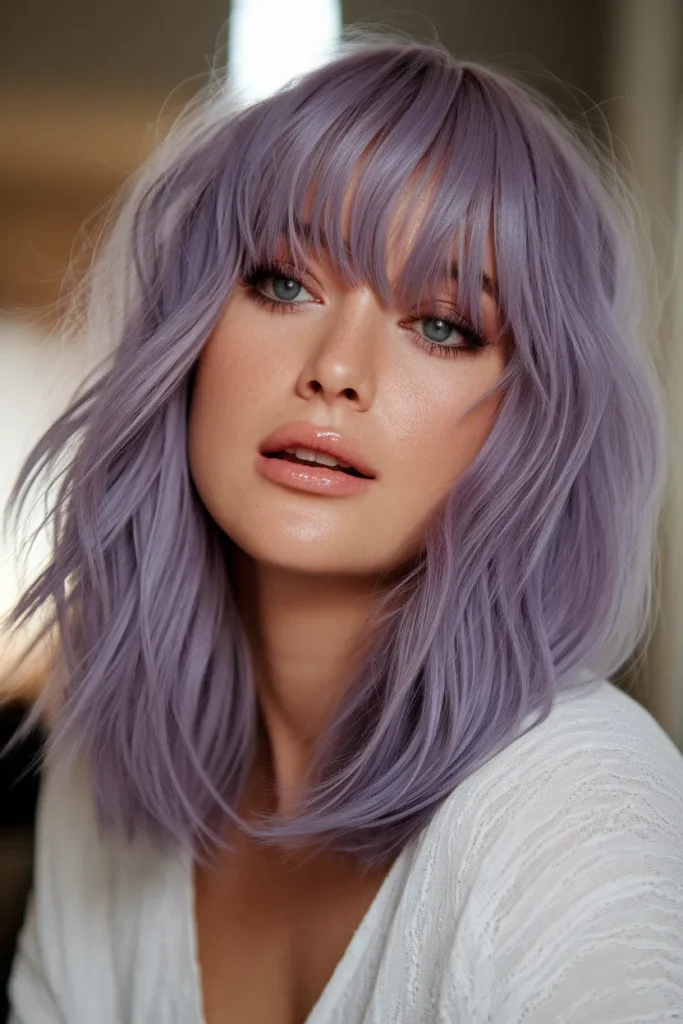 Violet Peekaboo Highlights With Curtain Bangs