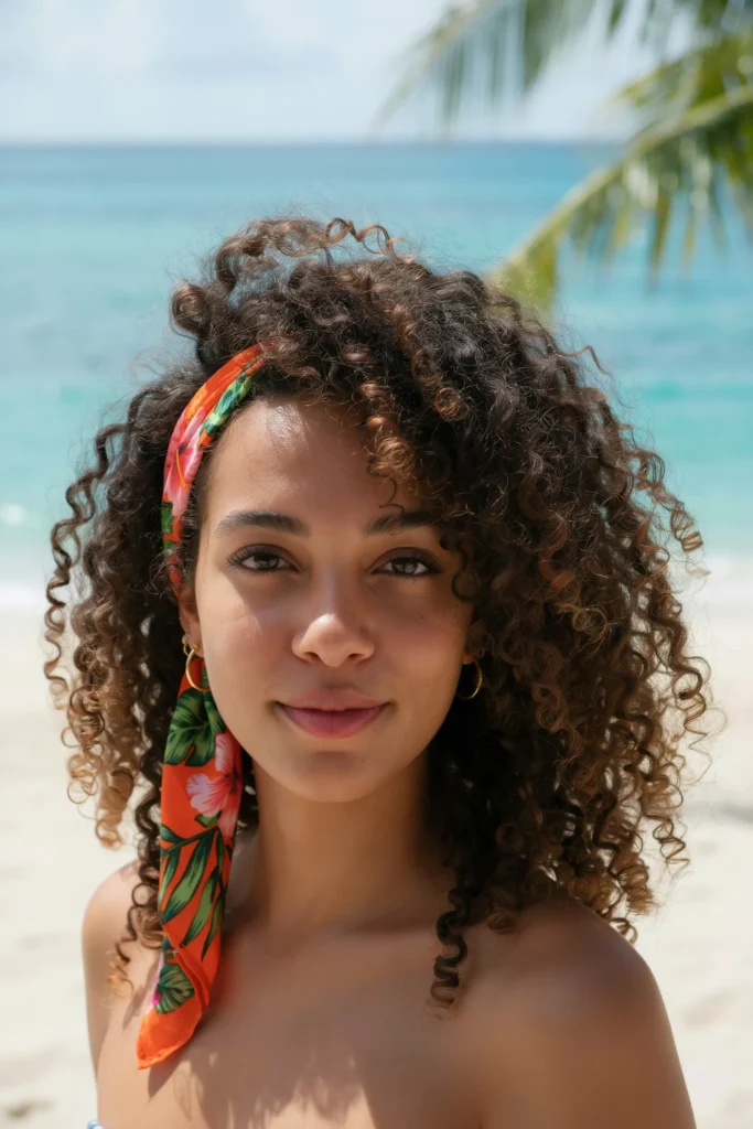 Voluminous Curls with Tropical Scarf Headwrap