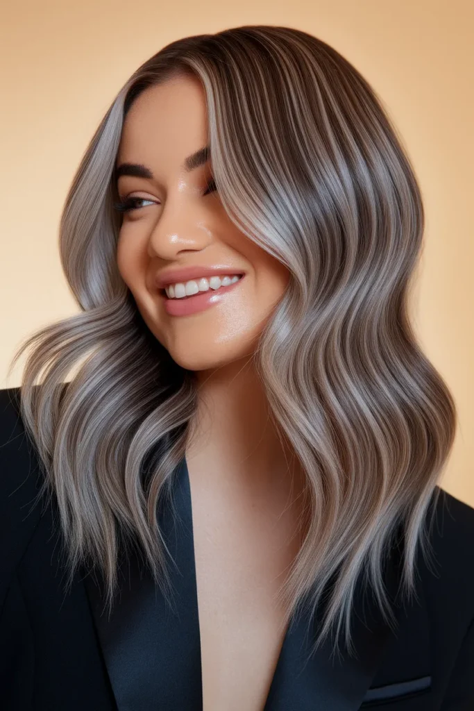 Warm Brown Hair with Soft Silver Foil Highlights