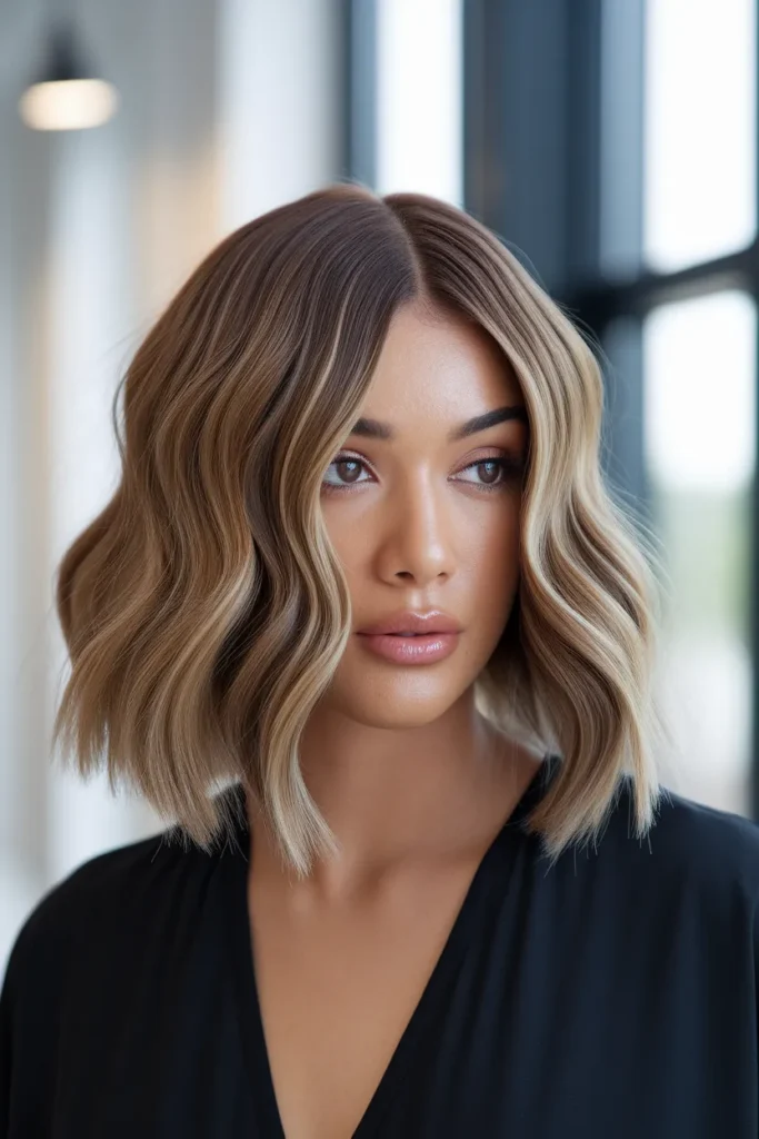 Wavy Lob with Sleek Side Part